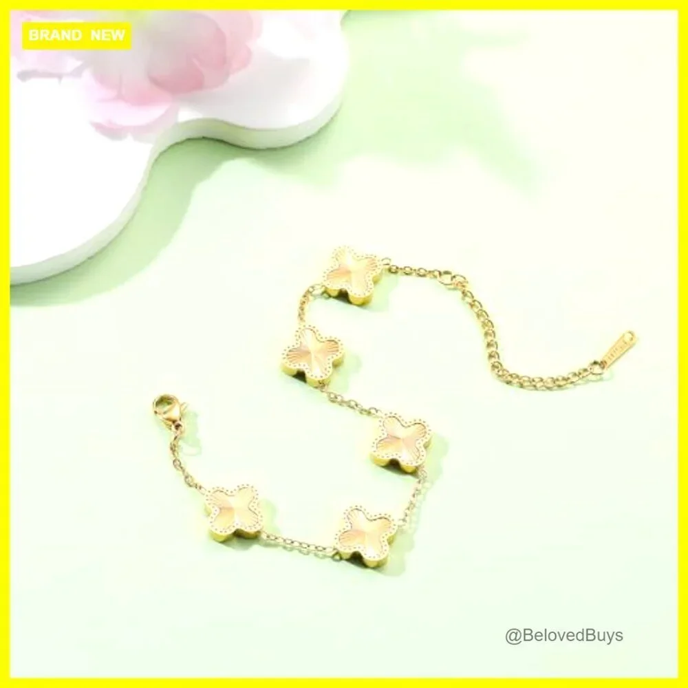 18K Gold Plated Clover Bracelet Adjustable Lucky Charm Stainless Steel
